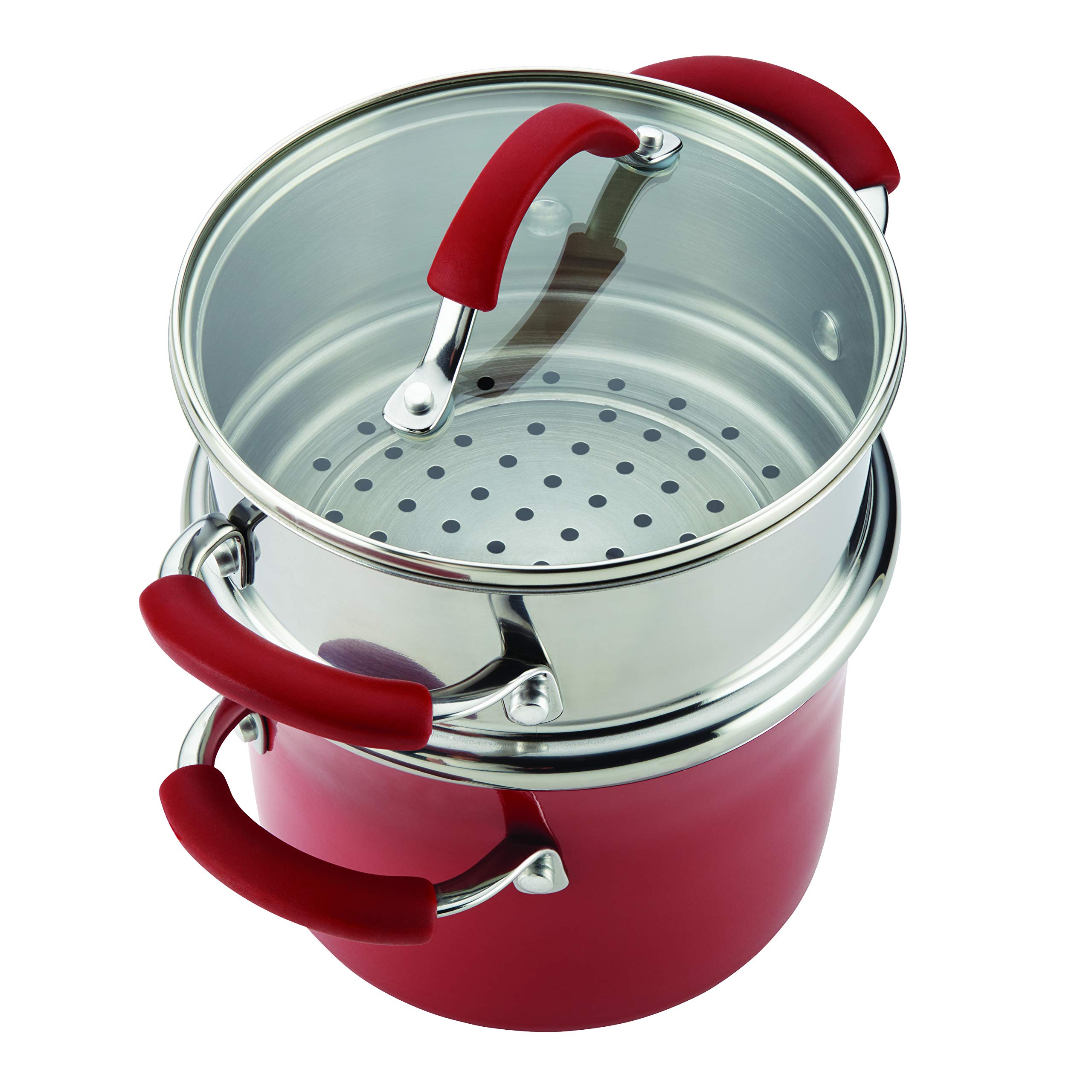 Rachael Ray Cucina Nonstick Sauce Pot/Saucepot with Steamer Insert and Lid, 3 Quart, Cranberry Red