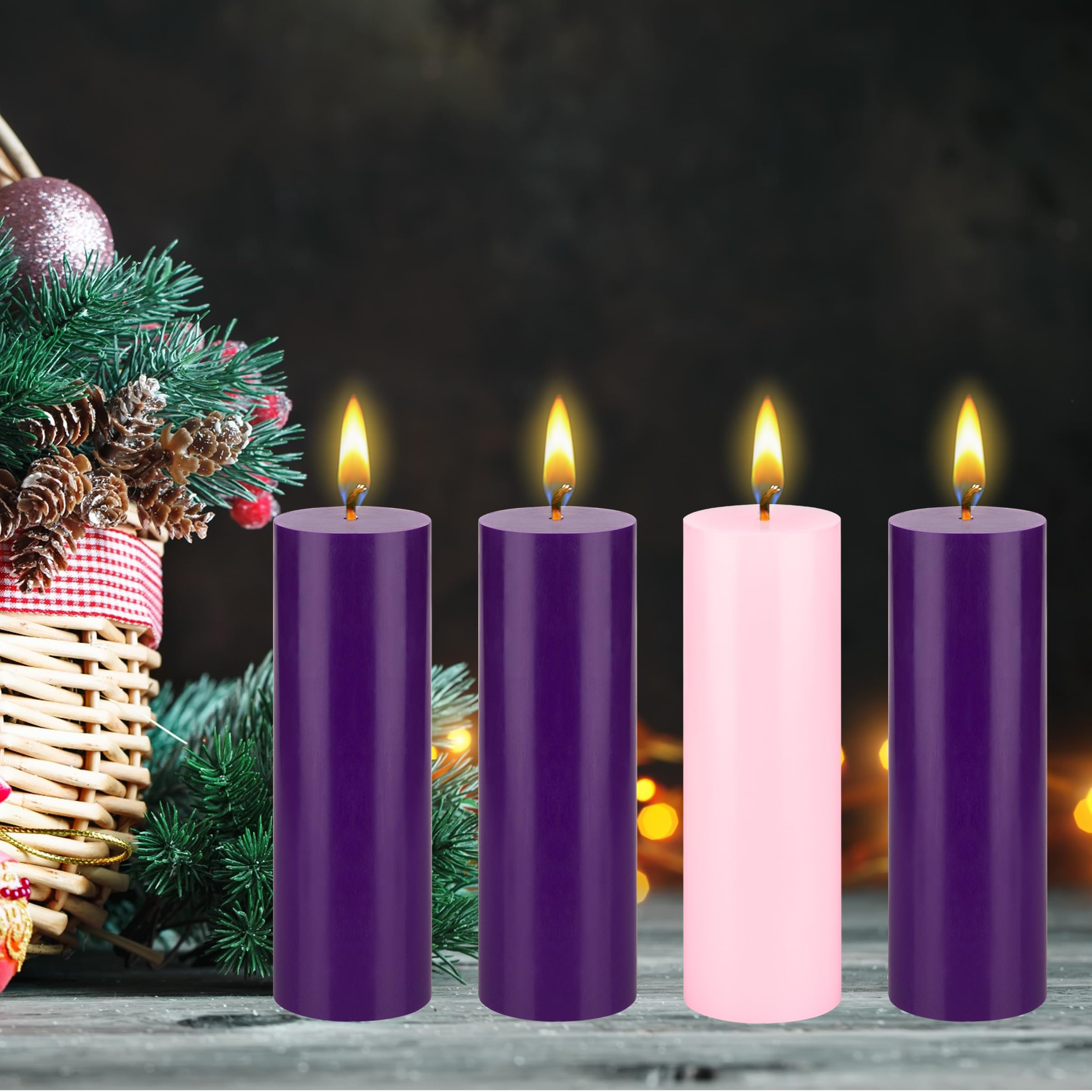 Mega Candles 4 pcs Unscented Christmas Advent Candles Set, Hand Poured Premium Wax Round Pillar Candle 2 Inch x 6 Inch, Holidays, Celebrations, Devotional, Church, Wreath, Party, Gifts