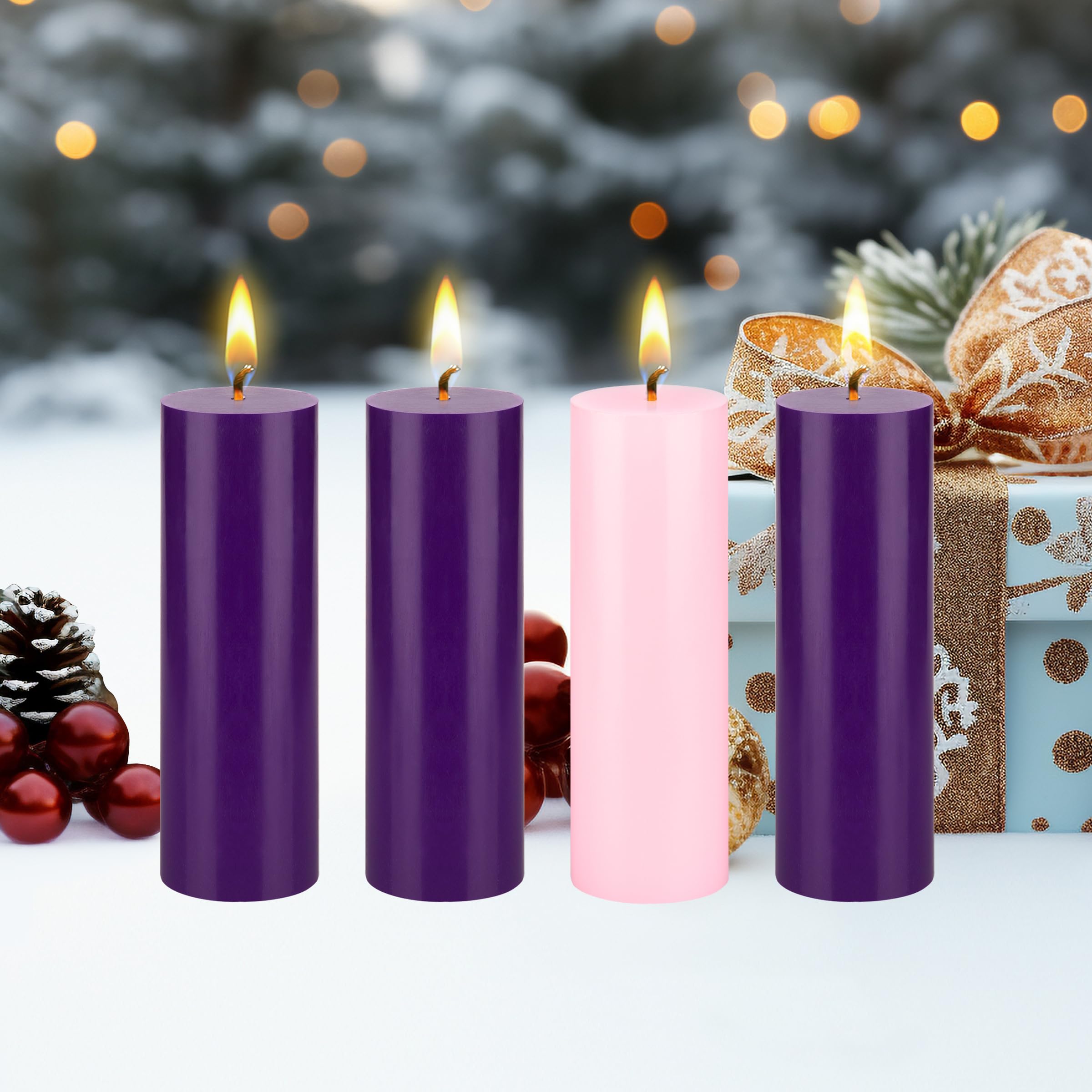 Mega Candles 4 pcs Unscented Christmas Advent Candles Set, Hand Poured Premium Wax Round Pillar Candle 2 Inch x 6 Inch, Holidays, Celebrations, Devotional, Church, Wreath, Party, Gifts