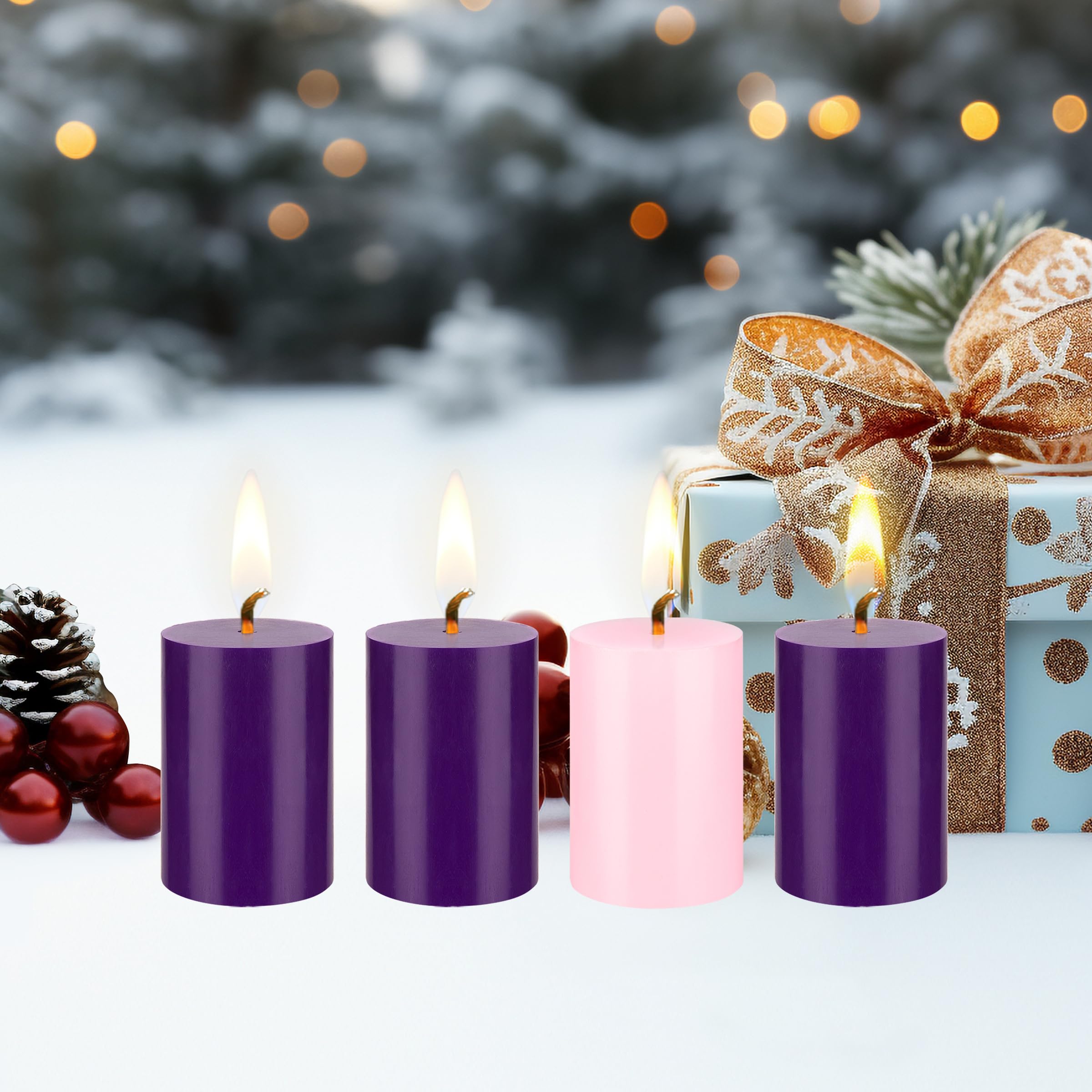 Mega Candles 4 pcs Unscented Christmas Advent Candles Set, Hand Poured Premium Wax Round Pillar Candle 2 Inch x 3 Inch, Holidays, Celebrations, Devotional, Church, Wreath, Party, Gifts