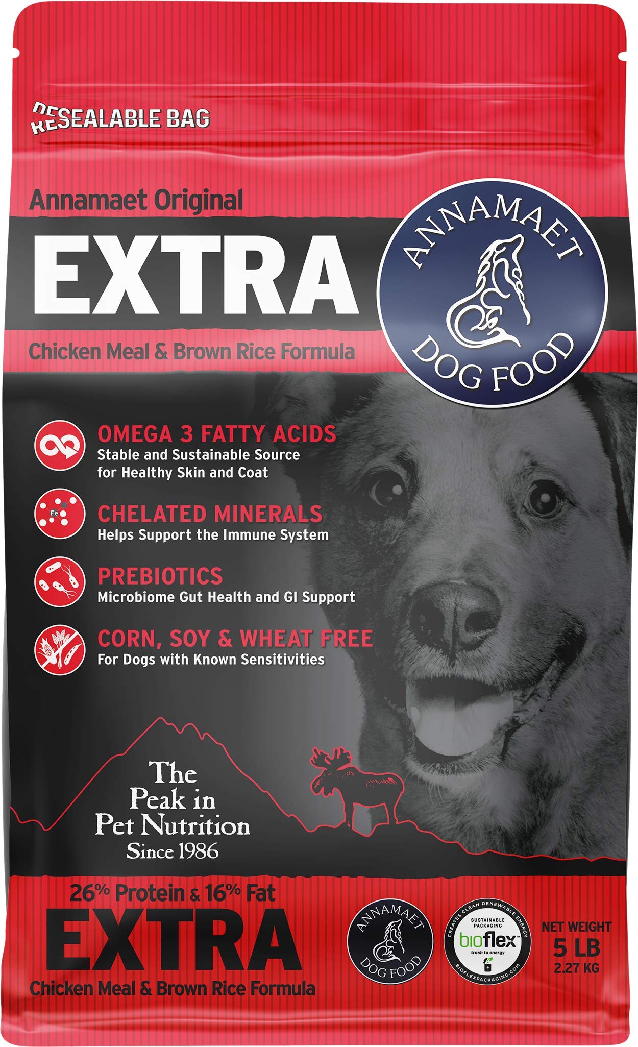 Annamaet Original Extra Formula Dry Dog Food, 26% Protein (Chicken & Brown Rice), 5-lb Bag