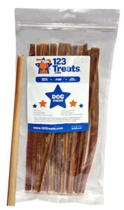 123 treats 12-inch bully sticks for dogs (1 pound bag) – 100% natural grass-fed bulk chews for dogs & puppies, free-range, long lasting premium beef chews | fully digestible dental treats