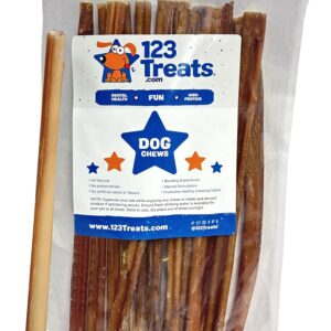 123 Treats 12-Inch Bully Sticks for Dogs (1 Pound Bag) – 100% Natural Grass-Fed Bulk Chews for Dogs & Puppies, Free-Range, Long Lasting Premium Beef Chews | Fully Digestible Dental Treats