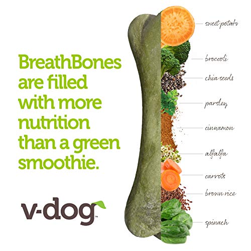 V-dog Dog Treats - Vegan Breathbone Teeth Cleaning Dental Dog Bones - Fresh Breath - 8 Ounces - All Natural - Made in USA - 6 Bones - 4" Long - Easy to Digest