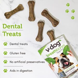 V-dog Dog Treats - Vegan Breathbone Teeth Cleaning Dental Dog Bones - Fresh Breath - 8 Ounces - All Natural - Made in USA - 6 Bones - 4" Long - Easy to Digest