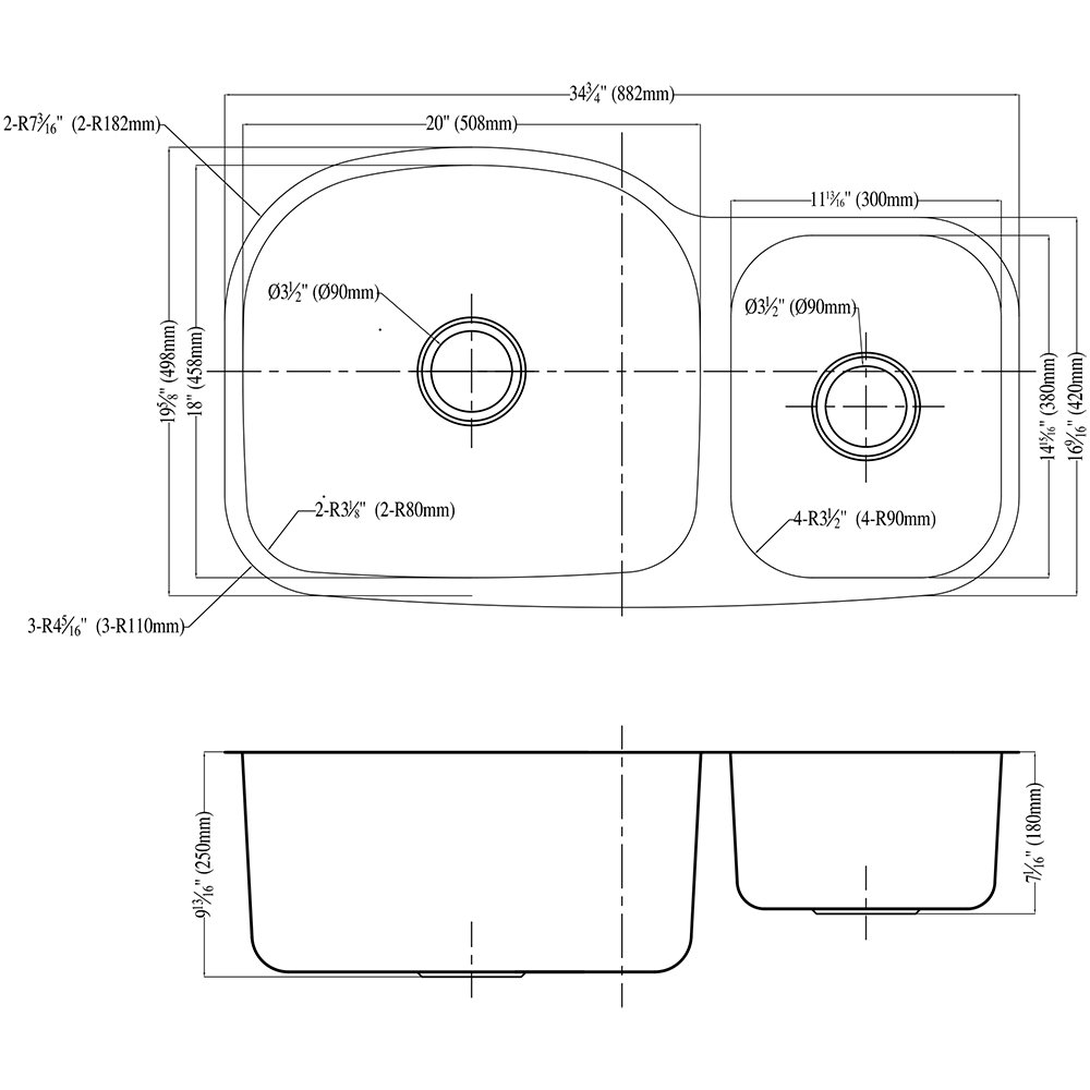 Daweier ES331814R Sink Double Bowls with Small Bowl on Right, 18 Gauge