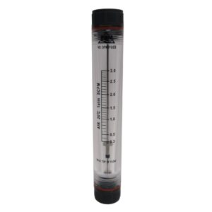 prm fmdfg03 0.3-3 scfm air rotameter flow meter, 1/2 inch female npt connection, acrylic body with pvc end tails, viton seals, uv resistant, max pressure 85 psig, max temperature 125°f