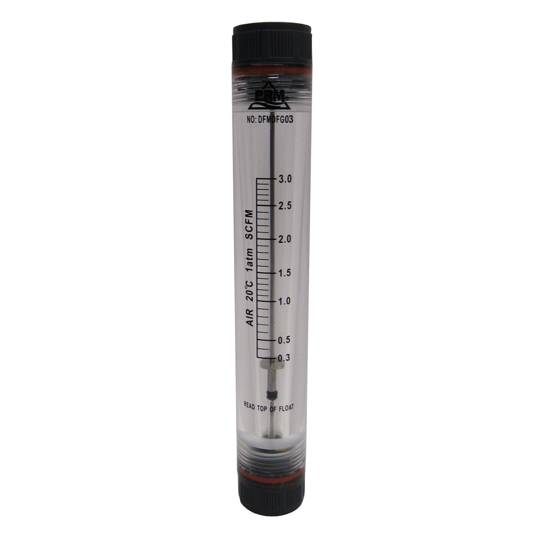 PRM FMDFG03 0.3-3 SCFM Air Rotameter Flow Meter, 1/2 Inch Female NPT Connection, Acrylic Body with PVC End Tails, Viton Seals, UV Resistant, Max Pressure 85 PSIG, Max Temperature 125°F