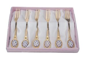 royal flatware 6pc gold-plated lomonosov ornament cobalt net forks set, dessert silverware vintage set