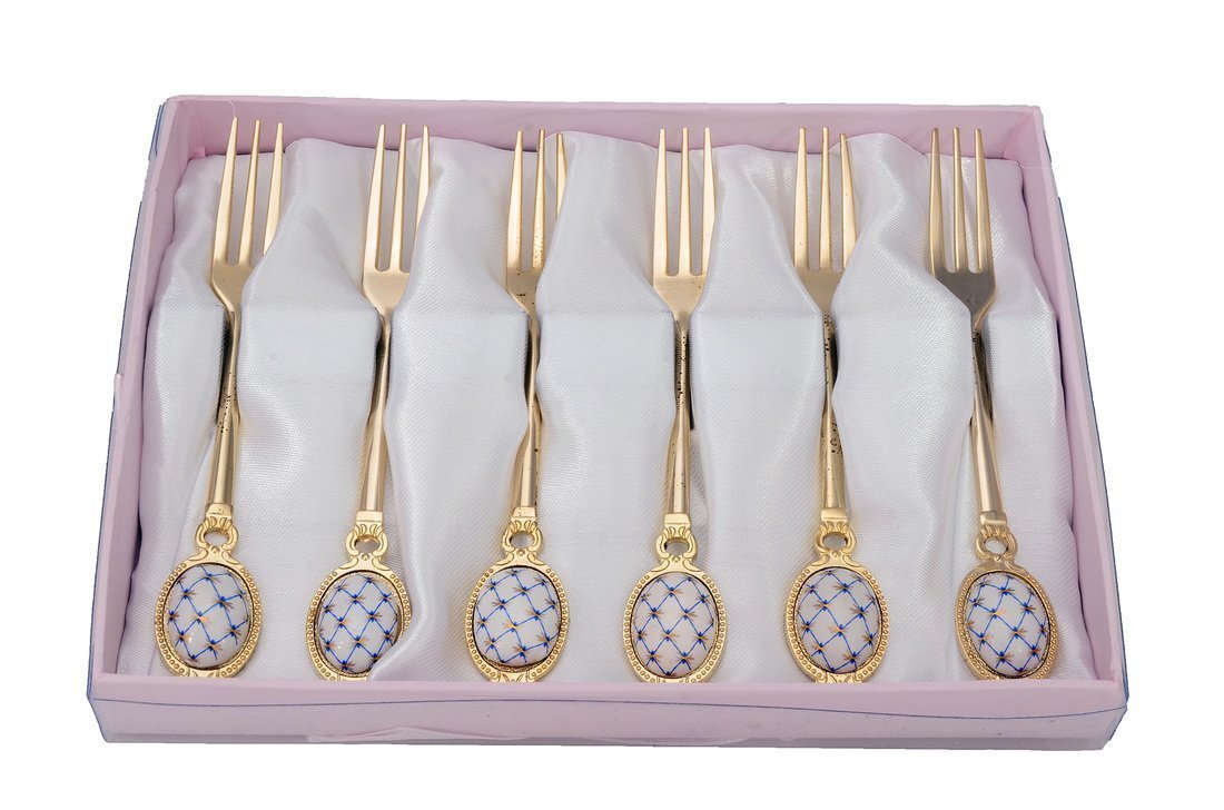 Royal Flatware 6pc Gold-Plated Lomonosov Ornament Cobalt Net Forks Set, Dessert Silverware Vintage Set