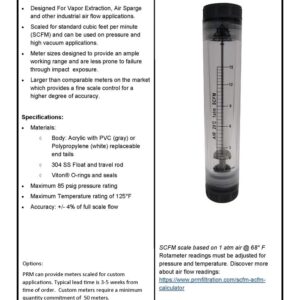 PRM FMDFG03 0.3-3 SCFM Air Rotameter Flow Meter, 1/2 Inch Female NPT Connection, Acrylic Body with PVC End Tails, Viton Seals, UV Resistant, Max Pressure 85 PSIG, Max Temperature 125°F