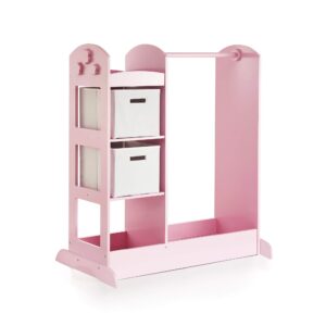 guidecraft see and store dress-up center – pink: pretend play costume storage wardrobe for kids with mirror & shelves, armoire with bottom tray, toddlers room furniture