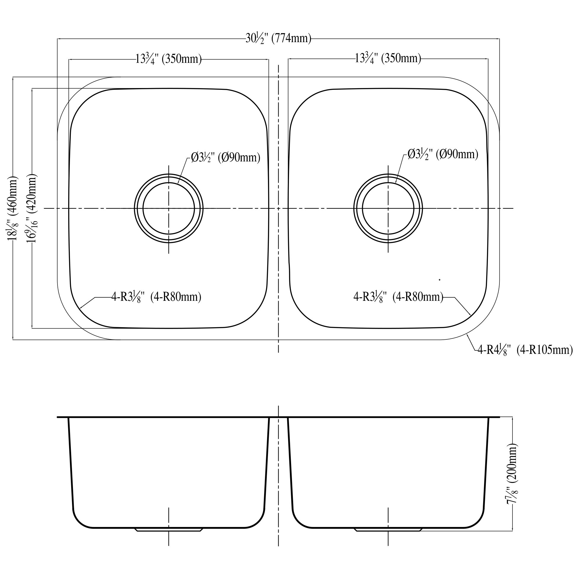 Daweier ES281616 Sink Equal Double Bowls, 18 Gauge