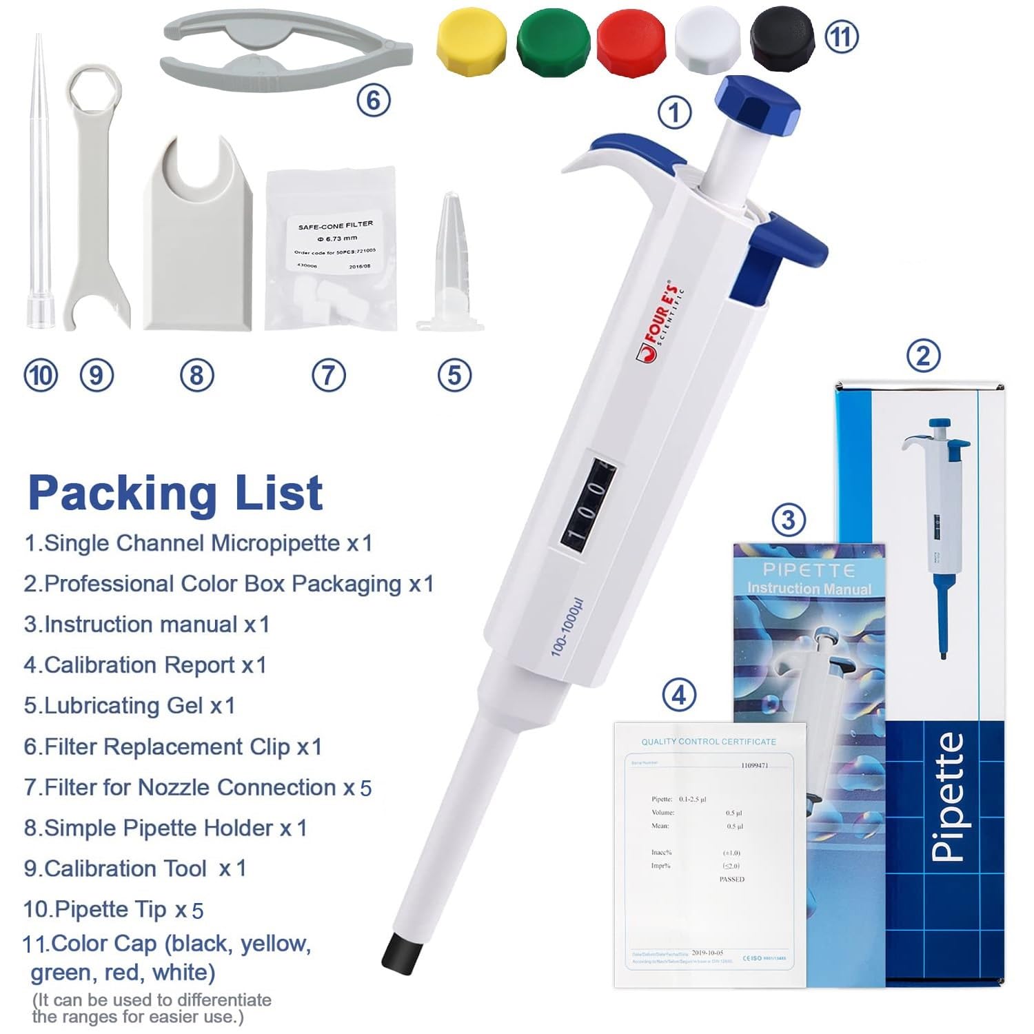 FOUR E'S SCIENTIFIC 100uL-1000uL High-Accurate Single-Channel Manual Adjustable Variable Volume Pipettes