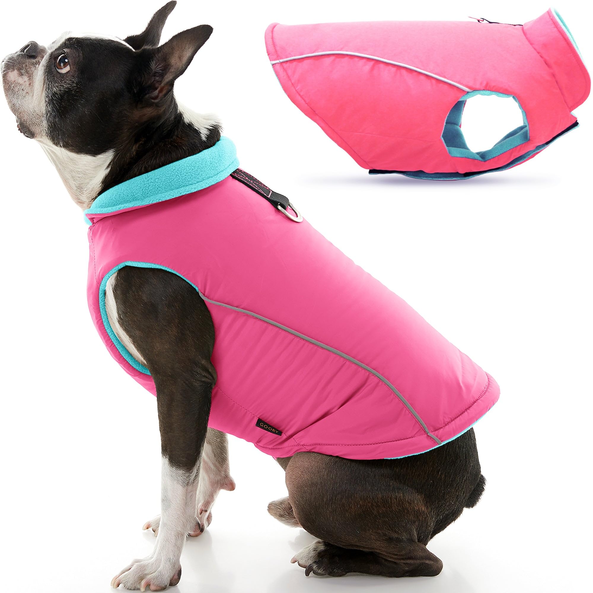 Gooby Sports Vest Dog Jacket - Pink, Small - Reflective Dog Vest with D Ring Leash - Warm Fleece Lined Small Dog Sweater, Hook and Loop Closure - Dog Clothes for Small Dogs Boy or Girl Dog Sweater