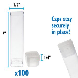 The Beadsmith Clear Plastic Tubes - 2 x .5 Inch Square Tubes - Flat Caps - Use for Beads, Bath Salts, Wedding & Party Favors, Home or Office Storage - Bag of 100