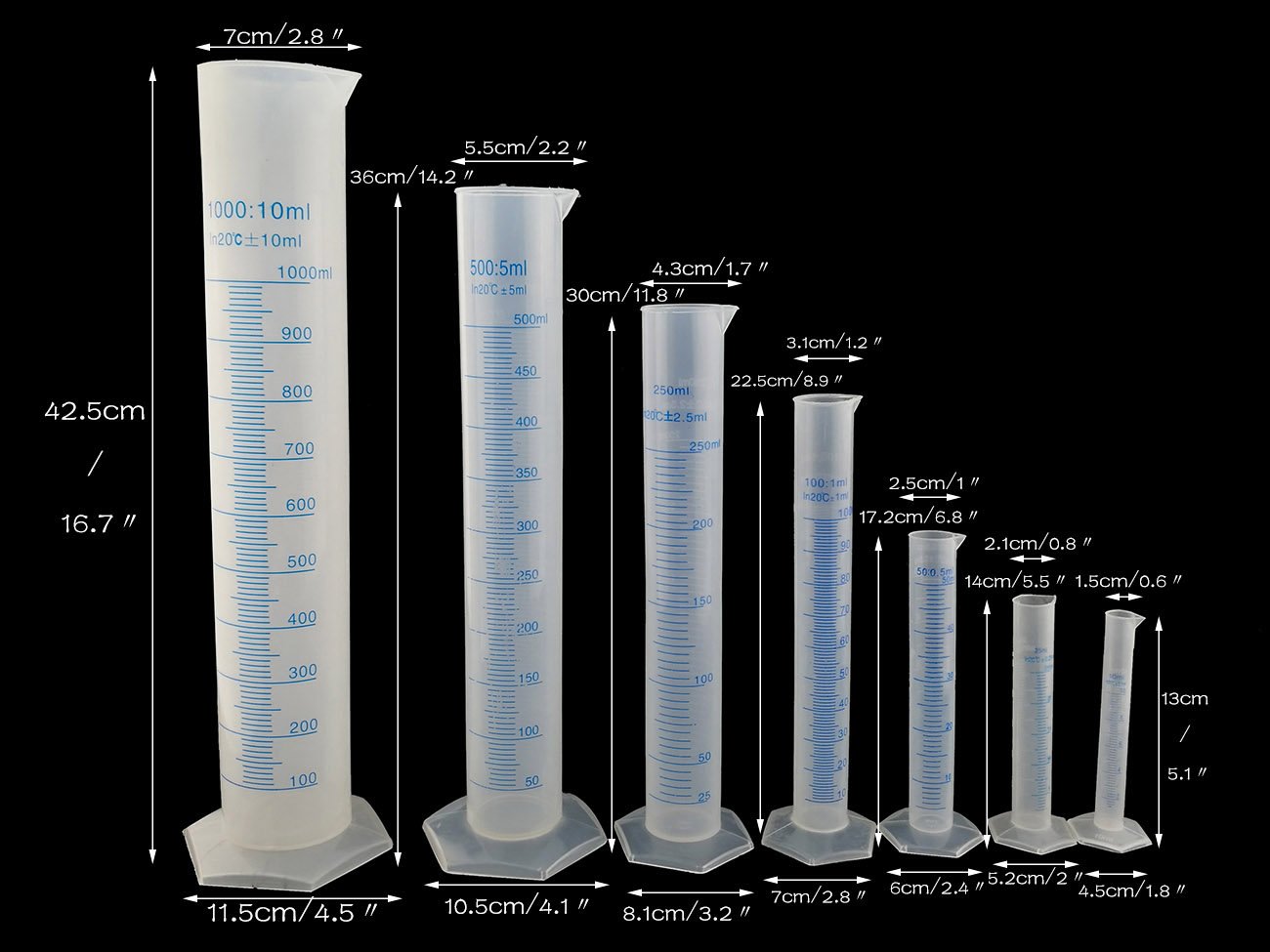 Plastic Transparent Blue Line Liquid Graduated Measuring Cylinder Lab Test Tube 10ml /25ml /50ml /100ml/ 250ml /500ml / 1000ml Pack Of 7