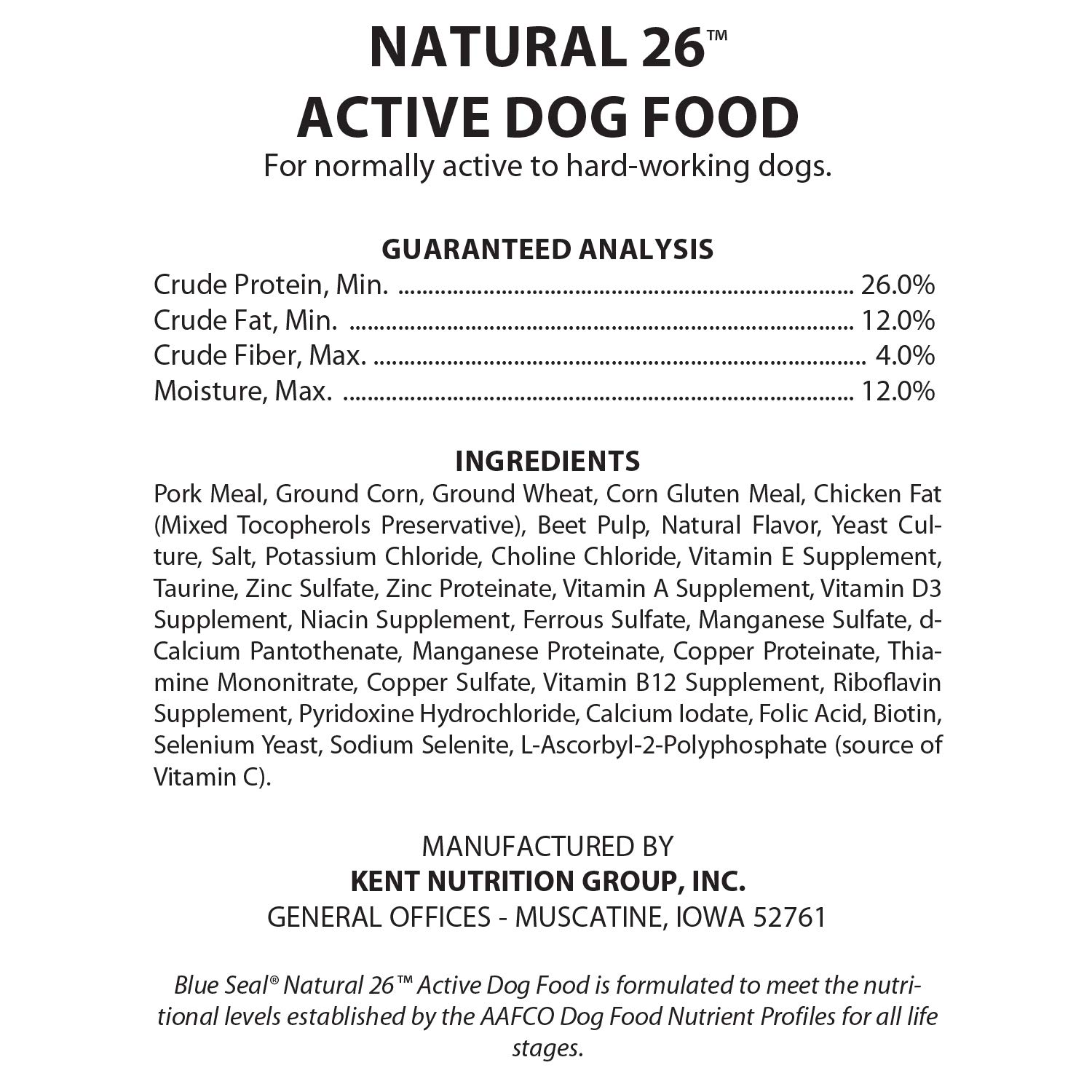 Blue Seal Natural 26 Active Dry Dog Food, Protein-Dense, Vitamin and Mineral Support, Ideal for Normally Active to Working Dogs, 25 Pound Bag