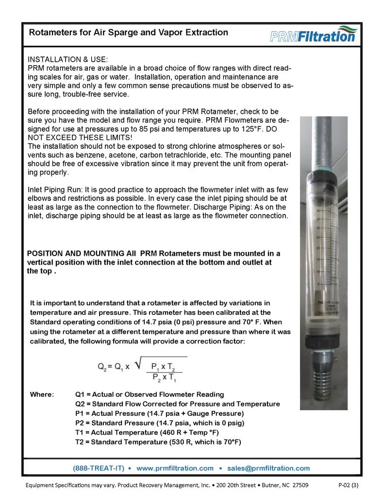 PRM FMDFG03 0.3-3 SCFM Air Rotameter Flow Meter, 1/2 Inch Female NPT Connection, Acrylic Body with PVC End Tails, Viton Seals, UV Resistant, Max Pressure 85 PSIG, Max Temperature 125°F