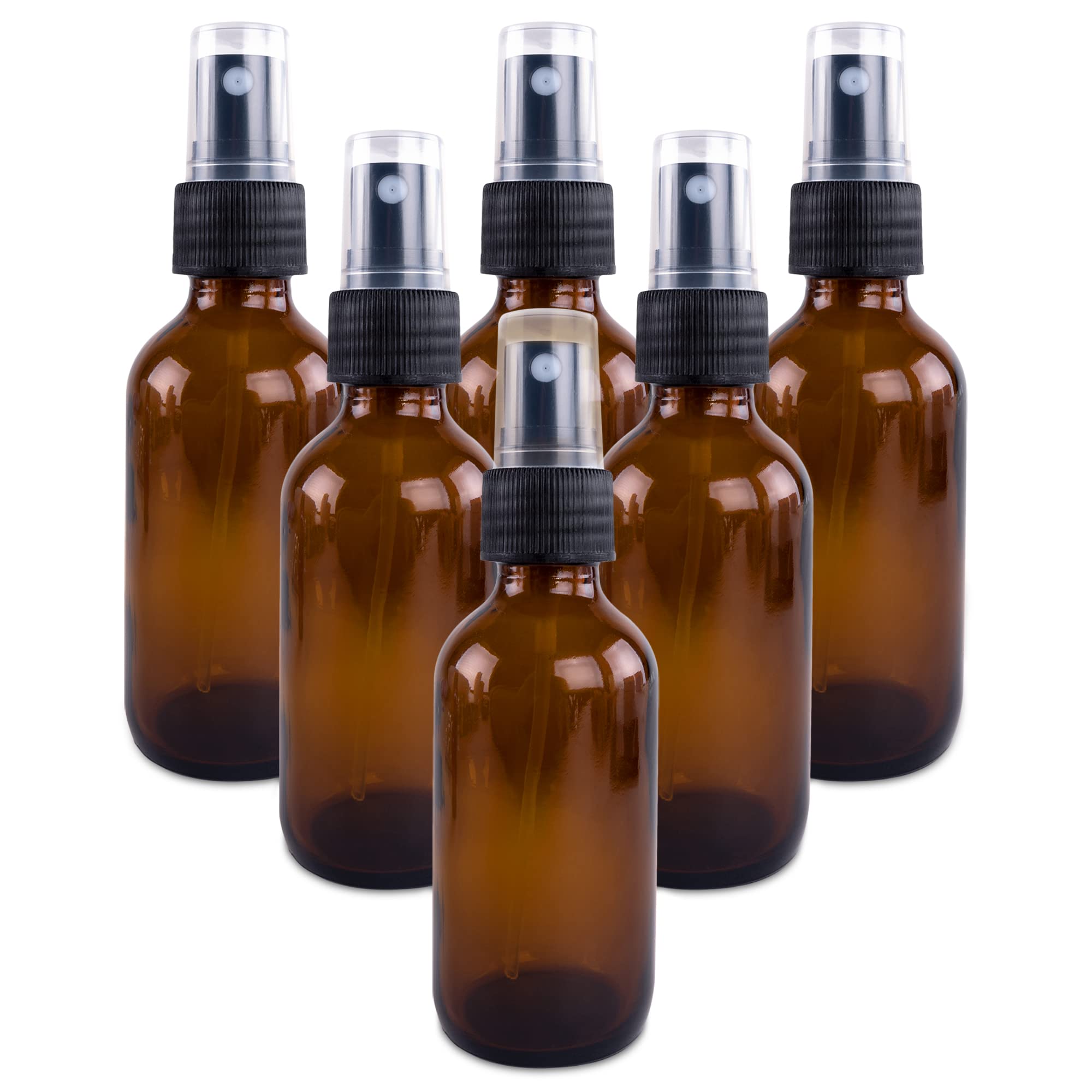 Super Z Outlet 2 oz Empty Amber Boston Round Glass Bottles with Fine Mist Sprayer Dispensers (6 Pack)