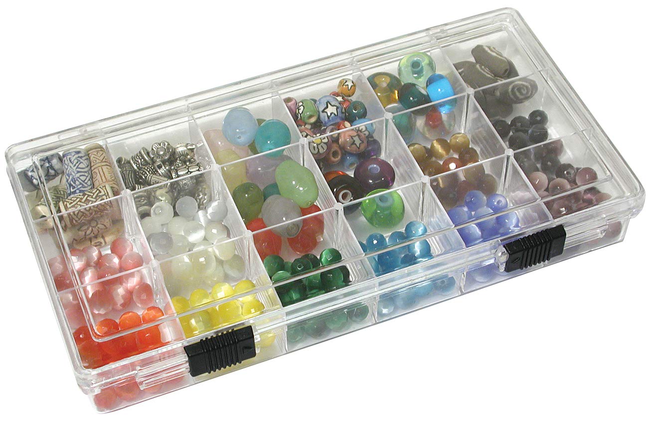 The Beadsmith Organizer Box with 18 Compartments, 8.25 x 4.25 x 1.25 inches, Clear Organizer Storage Case, for Sequins, Nails, Jewelry Making Supplies and More