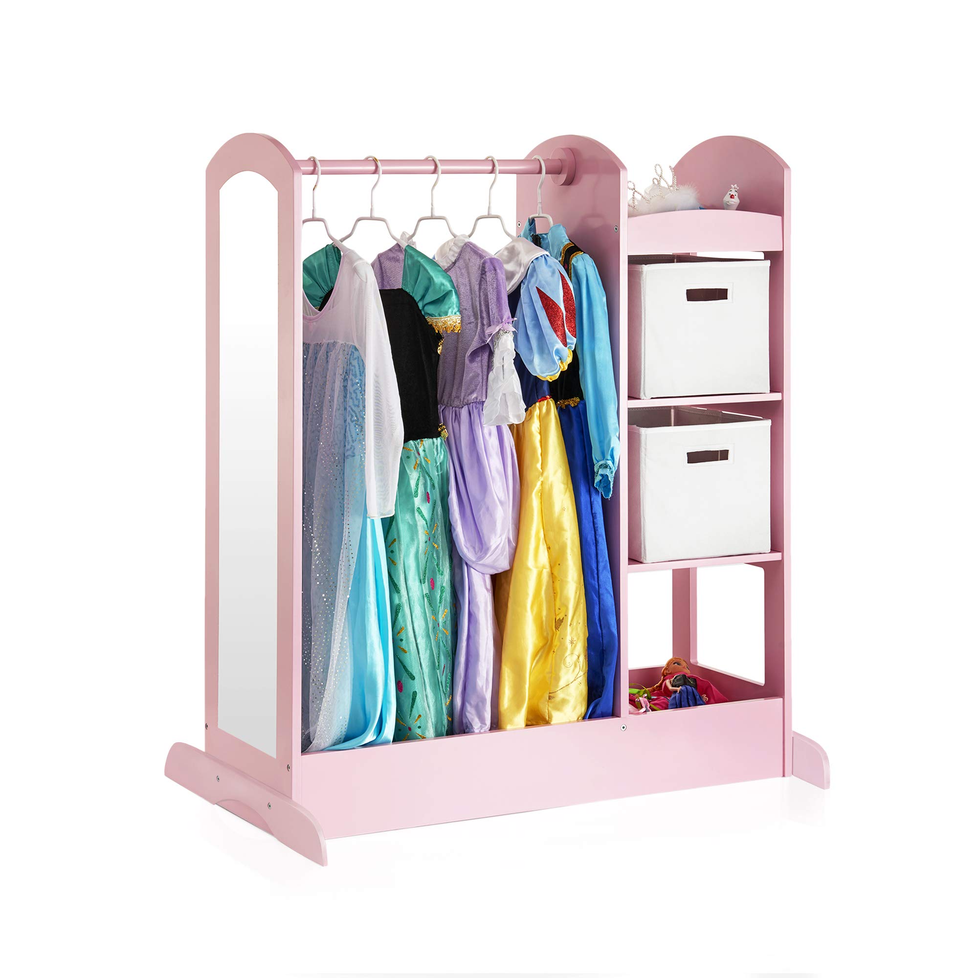 Guidecraft See and Store Dress-up Center – Pink: Pretend Play Costume Storage Wardrobe for Kids with Mirror & Shelves, Armoire with Bottom Tray, Toddlers Room Furniture