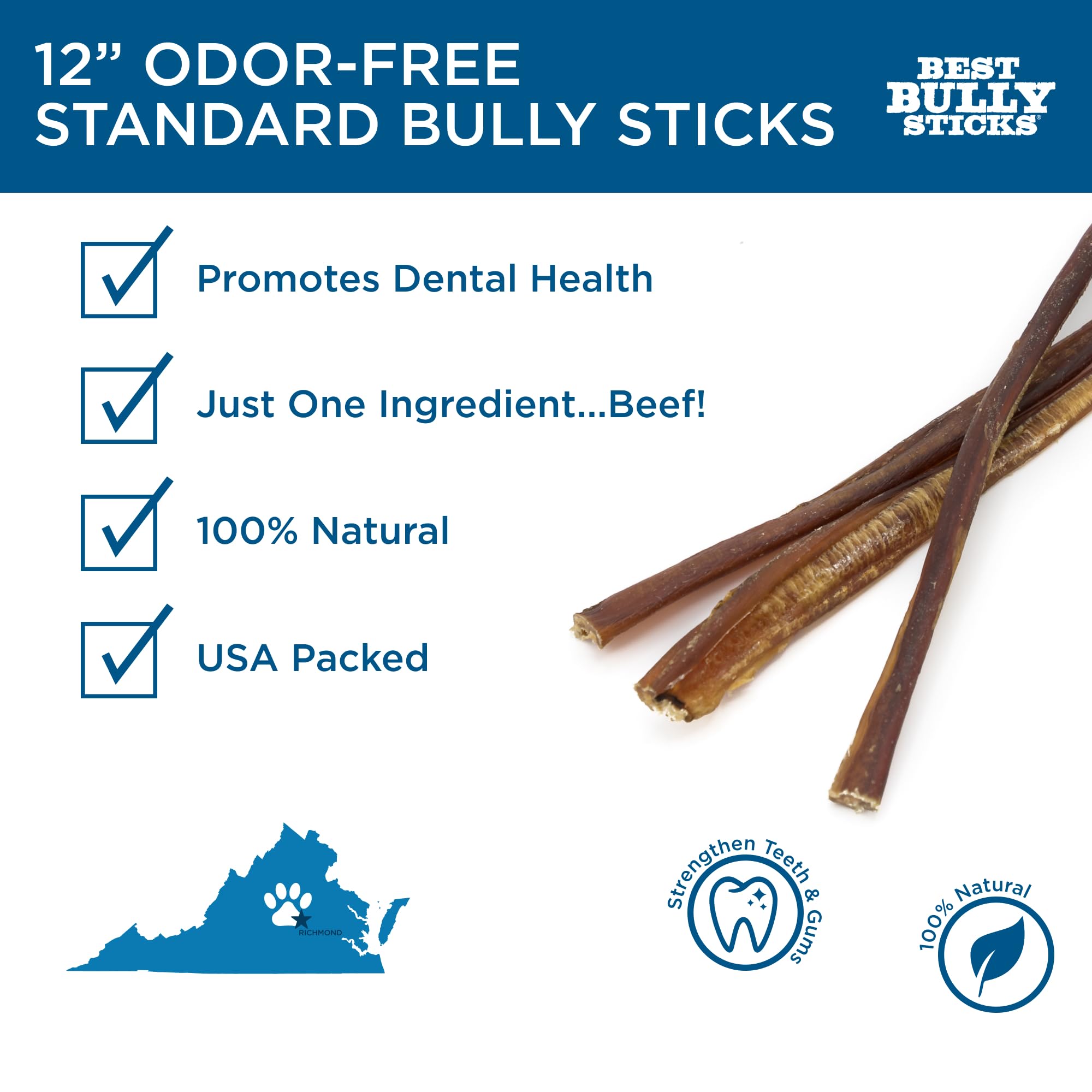 Best Bully Sticks 12 Inch Odor Free Bully Sticks for Dogs, 12 Pack - 100% Natural, Grass-Fed Beef, Easily Digestible Bully Bones, Grain and Rawhide Free, Odorless Dog Bully Sticks for Large Dogs