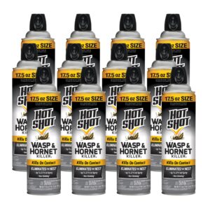 hot shot wasp & hornet killer spray (12 pack), eliminates the nest, sprays up tp 27 feet, 17.5 fl ounce