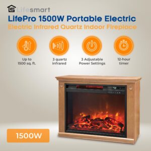 LifeSmart LifePro 1500 Watts Portable Electric Infrared Quartz Indoor Fireplace Heater with 3 Heating Elements, Remote and Wheels, Medium Oak Wood