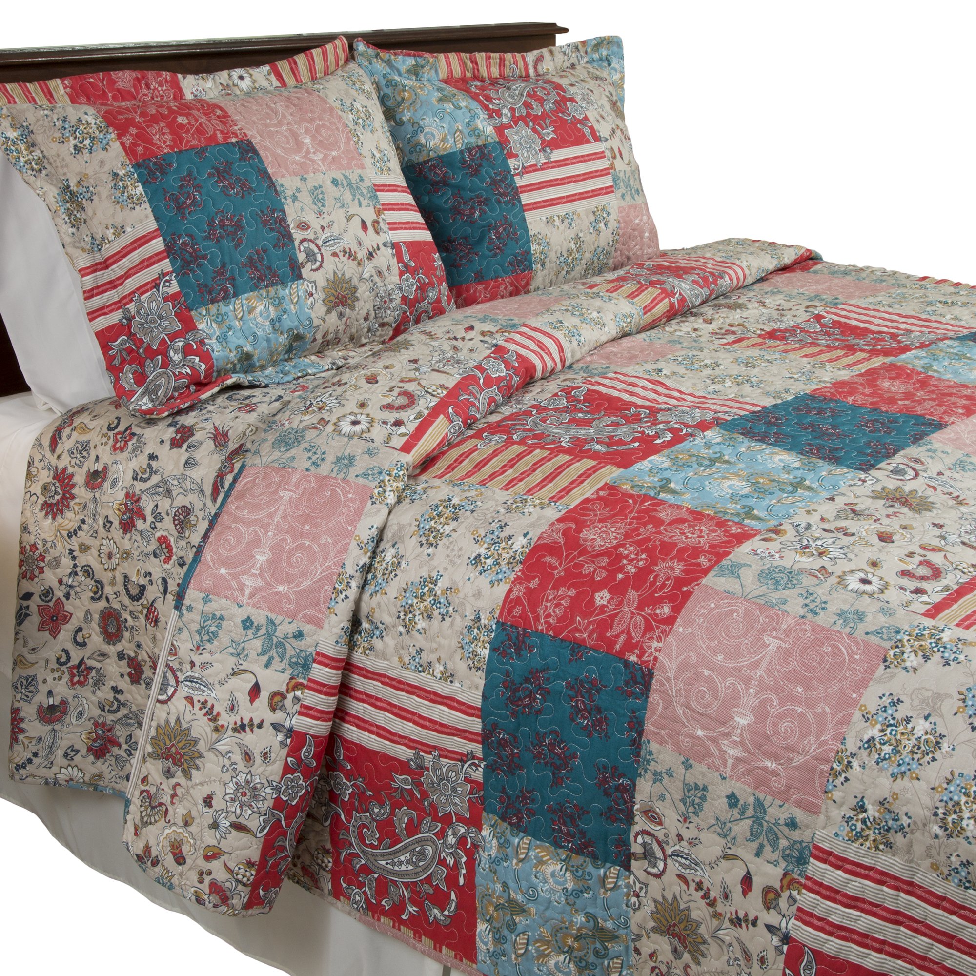 Lavish Home 3-Piece Quilt Set - Mallory Classic Patchwork Full/Queen Quilt with 2 Pillow Shams - Machine Washable Lightweight Bedding 86" Lx86 W Multicolor