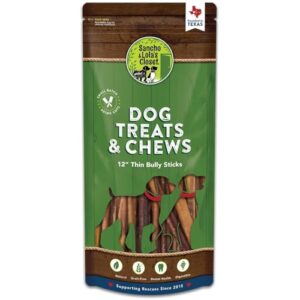 Supreme 12-inch Thin Bully Sticks by Sancho and Lola’s (10 Pack) All-Natural, Long-Lasting Dog Chew Treats - Free-Range, Grass-Fed Beef - Low Odor