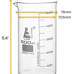 EISCO Beaker, 500ml - Tall Form with Spout - White, 50ml Graduations - Borosilicate 3.3 Glass