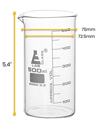 EISCO Beaker, 500ml - Tall Form with Spout - White, 50ml Graduations - Borosilicate 3.3 Glass