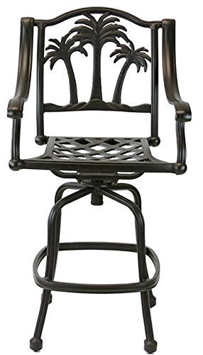 Palm Tree Outdoor Patio Set 6pc Swivel Barstools 30" H Dark Bronze Cast Aluminum, Walnut Cushions