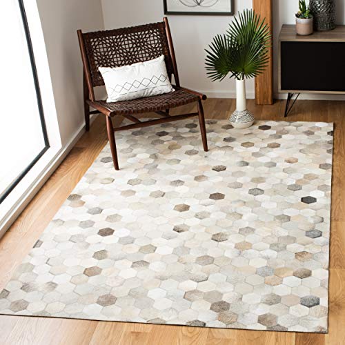 SAFAVIEH Studio Leather Collection 8' x 10' Ivory/Grey STL217A Handmade Mid-Century Modern Leather Area Rug