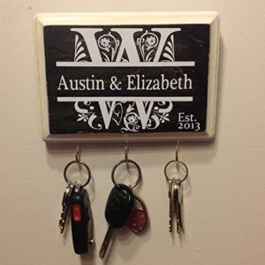 Personalized Key Holder for Wall - Custom Key Hanger with Family or Couple's Name | Vinyl or Laser Engraved Options | Natural Wood Key Rack | Made in USA.