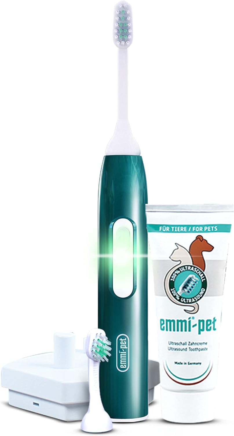 Emmi-pet Electric ultrasonic Toothbrush Set 1.0 for Pets. 100% Ultrasound deep-Cleans Completely Silently, Without Vibrations and Pain-Free. Fights Plaque, Gum Disease and Bad Breath. Rechargeable.