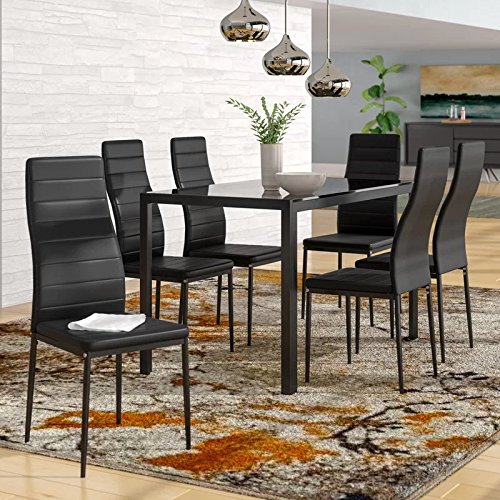 IDS Home 7 Piece Glass Dining Table and Chair Set for 6 Kitchen Dining Room Furniture Rust Resistant Metal Leg Frame Black