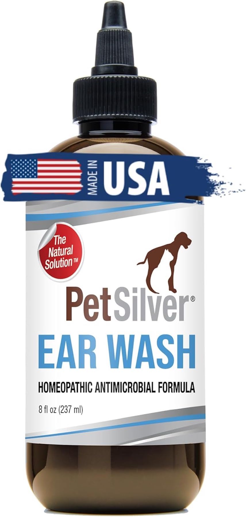 PetSilver Ear Wash Flush, Patented Chelated Silver Formula - Superior to Colloidal Silver, Cat and Dog Ear Cleaner and Treatment, Soothe and Clean Itchy and Inflamed Ears, Easy to Use, USA Made, 8 oz.