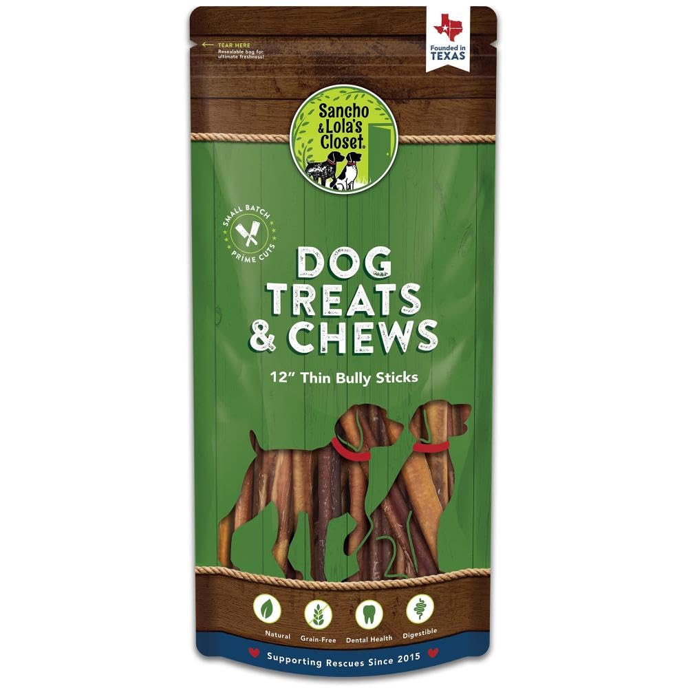 Supreme 12-inch Thin Bully Sticks by Sancho and Lola’s (10 Pack) All-Natural, Long-Lasting Dog Chew Treats - Free-Range, Grass-Fed Beef - Low Odor