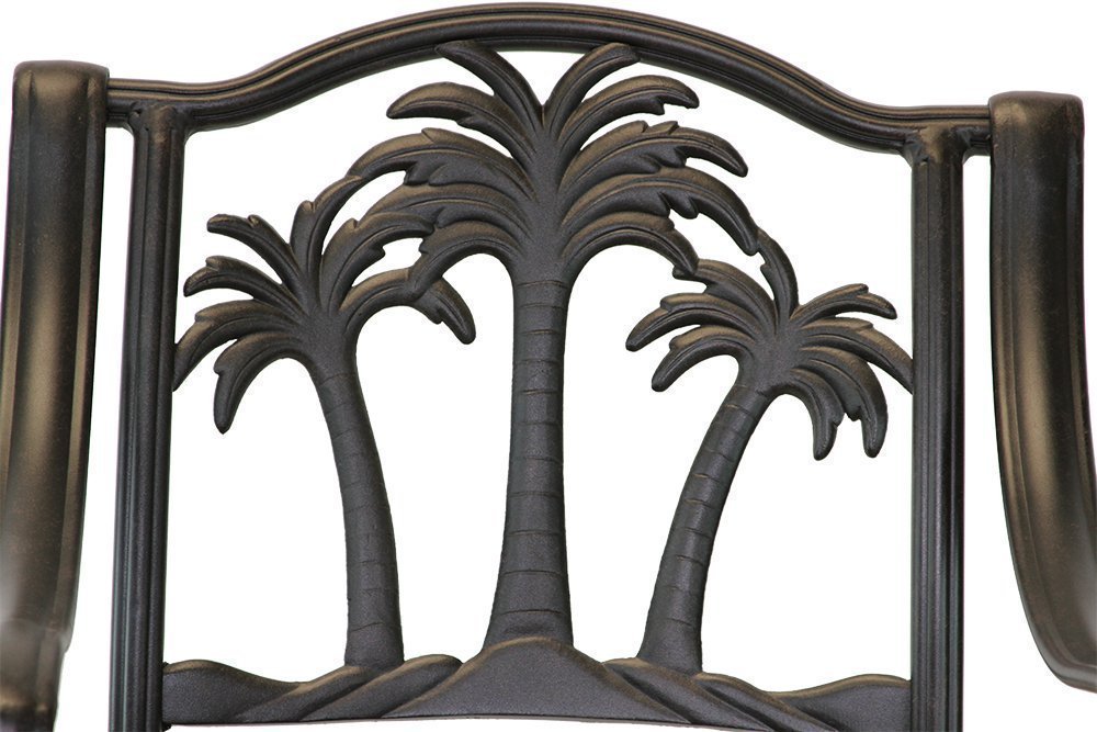 Palm Tree Outdoor Patio Set 6pc Swivel Barstools 30" H Dark Bronze Cast Aluminum, Walnut Cushions