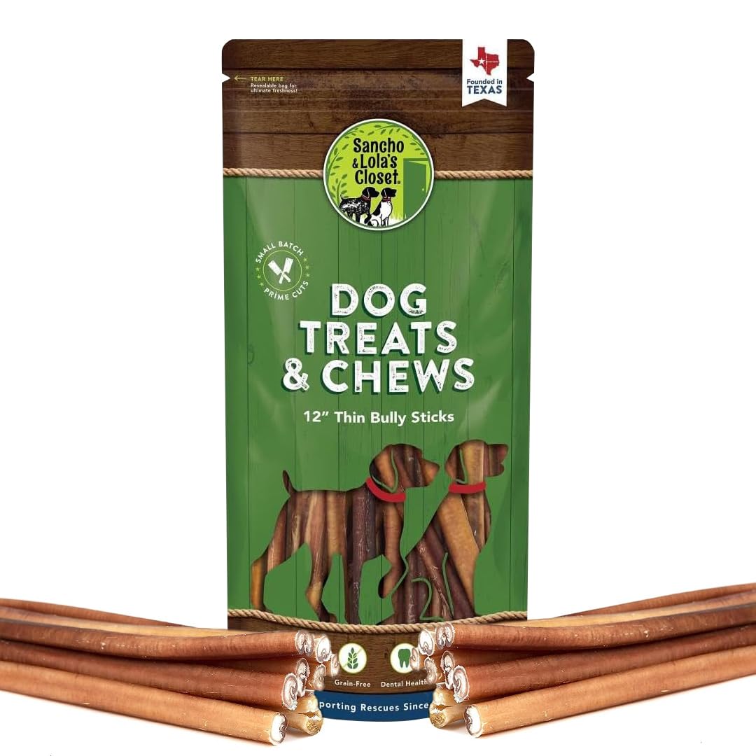 Supreme 12-inch Thin Bully Sticks by Sancho and Lola’s (10 Pack) All-Natural, Long-Lasting Dog Chew Treats - Free-Range, Grass-Fed Beef - Low Odor