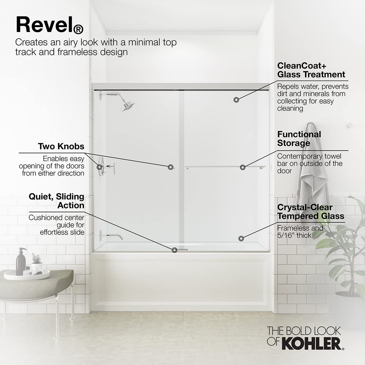 KOHLER sliding bath door, 62"H x 56-5/8 – 59-5/8"W, with 5/16" thick Crystal Clear glass