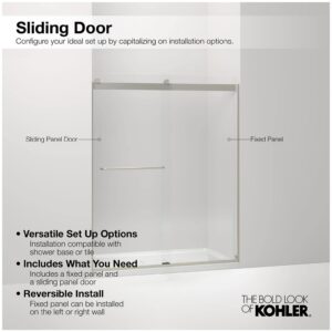 KOHLER sliding bath door, 62"H x 56-5/8 – 59-5/8"W, with 5/16" thick Crystal Clear glass