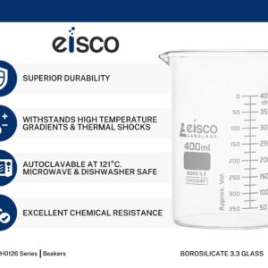 EISCO Beaker, 500ml - Tall Form with Spout - White, 50ml Graduations - Borosilicate 3.3 Glass