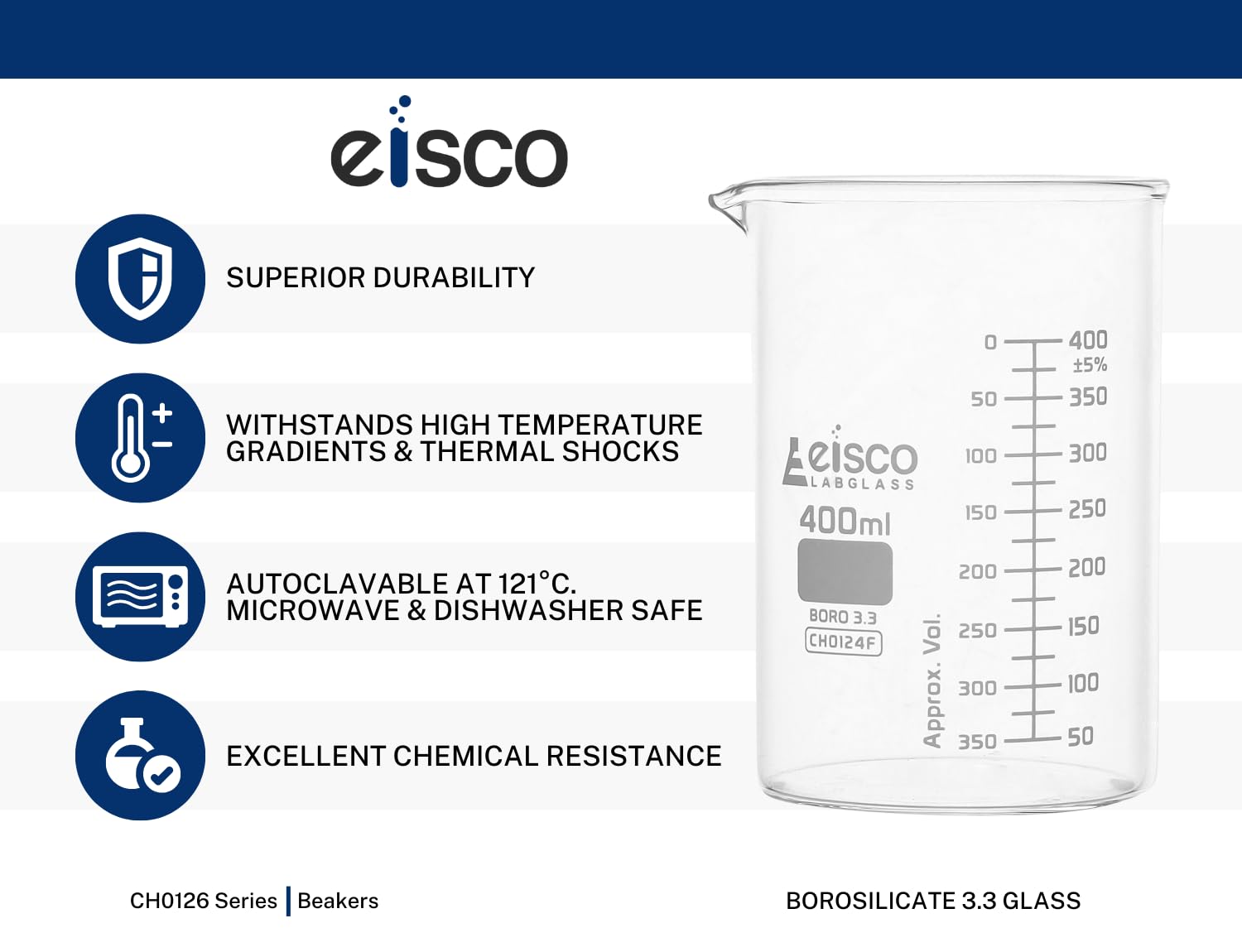 EISCO Beaker, 500ml - Tall Form with Spout - White, 50ml Graduations - Borosilicate 3.3 Glass