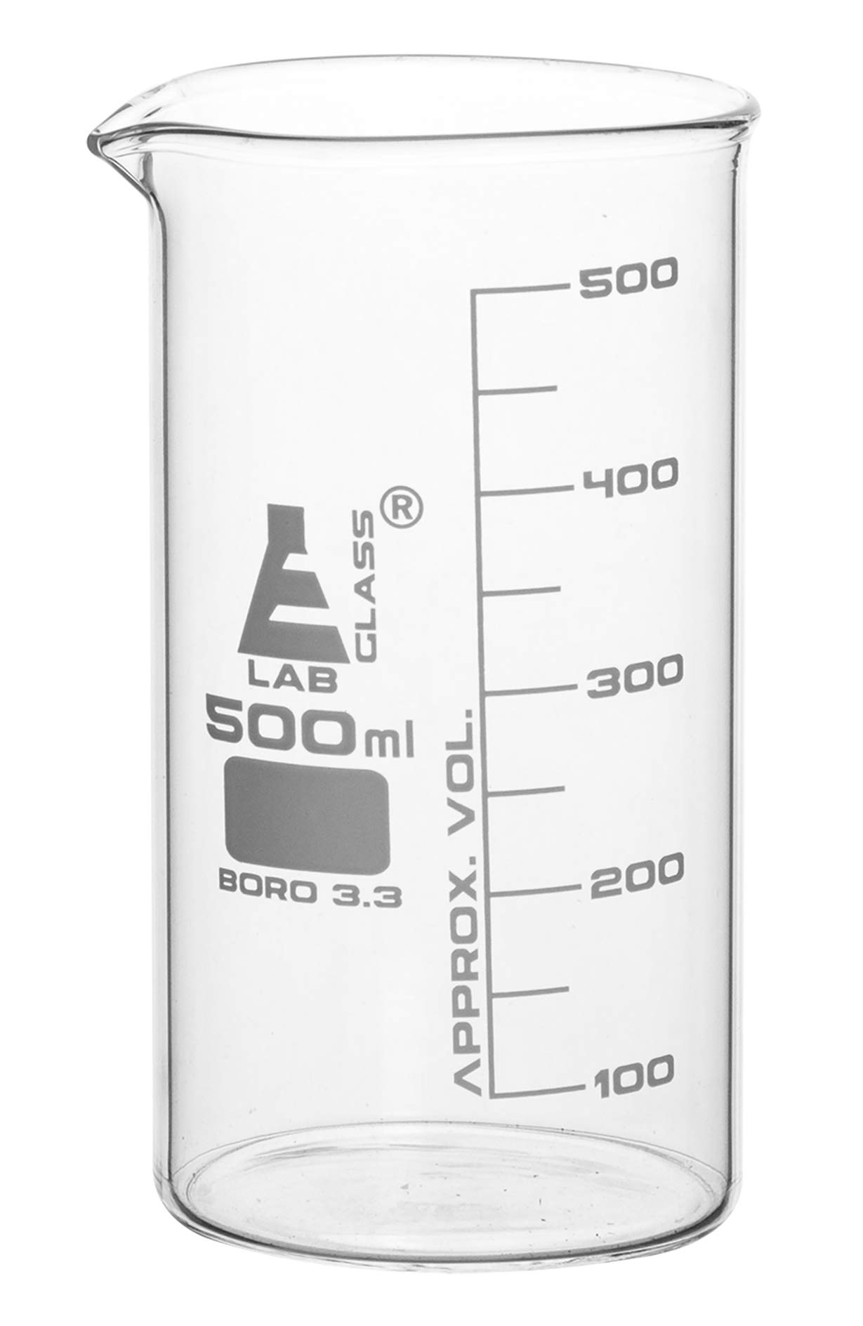 EISCO Beaker, 500ml - Tall Form with Spout - White, 50ml Graduations - Borosilicate 3.3 Glass