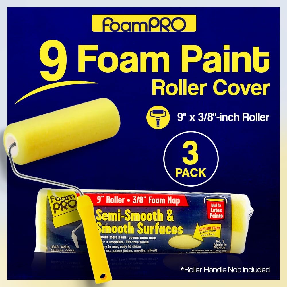 FoamPRO 91 9" Semi-Smooth Surface Roller Cover, Pack of 3, Yellow, 3 Pack