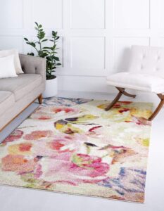 unique loom lyon collection modern watercolor floral area rug, 9 x 12 ft, ivory/pink