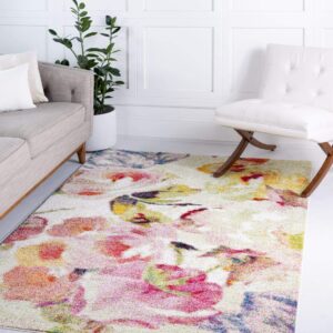 Unique Loom Lyon Collection Modern Watercolor Floral Area Rug, 9 x 12 ft, Ivory/Pink